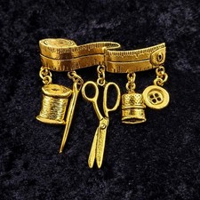 Sewing Charm Brooch Gold Tone