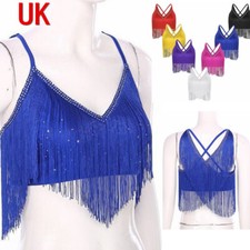 UK Women Fringe Crop Vest Tops Salsa Latin Dance Performance Competition Costume