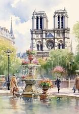 Notre Dame Cathedral Watercolour Painting Wall Art Poster Romantic Paris Print