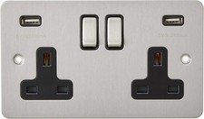 Double Plug Socket & Dual USB Power Outlet 2 Gang 13Amp Satin Chrome Flat - AET