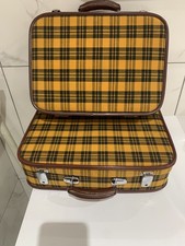 Vintage white dove Plaid small Luggage Suitcase. Prop, decor, theatre, used