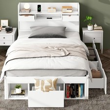 3ft Single Bed Frame with Drawers, Storage Headboard and Underbed Storage White