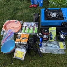 Camping Equipment Bundle -  torches, plates, kettle, cutlery, cups, pegs 