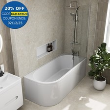 J Shaped Shower Bath Right Hand Bathtub 1700mm with Front Panel & Screen Acrylic