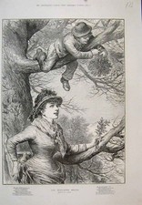 Original Old Antique Print Mistletoe Brough Climbing Tree Boy 1886 Victorian
