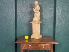A CHARMING VINTAGE STONEWARE SCULPTURE CHERUB FIGURE ON PLINTH-GARDEN-INTERIORS