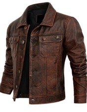 New Men's Biker Cafe Racer Brown Trucker Genuine Real Leather Vintage Jacket