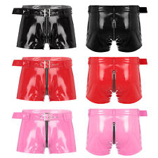 UK Men's Wet Look Shorts Leather Zipper Crotch Boxer Brief with Waist Belt Pants
