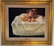 Large vintage oil painting Still life fruits copper jug Manuel Gómez Balsalobre