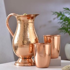 Hammered Copper Water Jug 1.5 LTR with 2 Glasses Pure Copper Pitcher Set for D