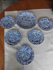 Antique  Blue & White Hummingbird Tea Plate x 6 + Larger Plate