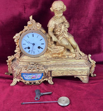 Antique French Gilt Bronze Ormolu  Mantle Clock With Panels By Henri Marc
