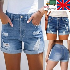 Ladies High Waist Denim Shorts Stretch Ripped Casual Slim Fit Summer Jeans UK
