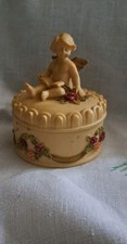 Dezine Round Covered Angel Cherub Trinket Box 1993 Gold and Pink Accents