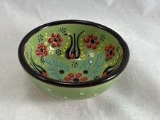 TURKISH Iznik small green pottery dip olive nut bowl 3"