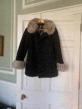 Fur Coat - Black Astrakan fur, Arctic White Fox Fur Cuff, Collar 10 - 16 Medium