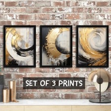 Black And Gold Abstract Wall Paintings Set Of 3 Prints Gold Moon Art Wall Decor 