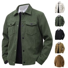 Men's Corduroy Jacket Autumn Winter Casual Coats Button Up Cotton Trucker Cargo