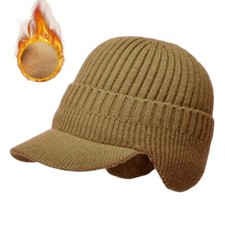 MENS PEAKED KNIT WINTER WARM FLEECE LINED CAP HAT BEANIE EAR FLAPS WORK OUTDOOR