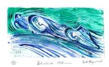 2023 linocut of "1935 Land speed Campbell Bluebird" by Bill Payne