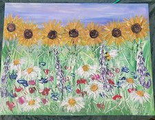 Oil on Canvas Sunflower Fields Summer Colours Garden Bees Size 61x46cm Signed 