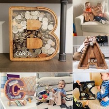 26 Letter A-Z Wooden Piggy Bank Transparent Money Box for Kids Xmas Gift Decor