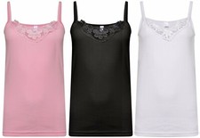 3 Ladies Plain Stretch Cotton Vest Lace Trim Camisole Tank Top Pack of 3 Colours