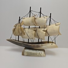Vintage Horn Ship Boat Nautical Prop Carved Art  8" Ornament Collectable 