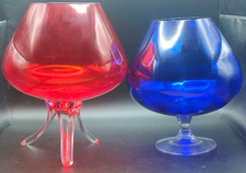 2 Very Large Vintage Red & Blue Brandy Glasses, 24cm & 21cm, Retro Collectible