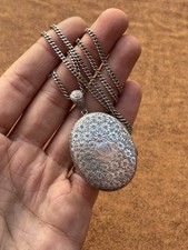 Antique Victorian Sterling Silver Oval Picture Locket Pendant & Chain c1880