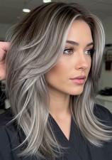 Balayage Silver Blonde with Brown Highlight Wave 100% Human Hair Lace Front Wigs
