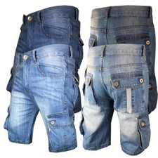 Mens Shorts Denim Jean Short Summer Raw Combat Casual Cargo Pockets W32-40