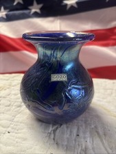 A Lovely Blue Green Small Gozo Glass Iridescent Vase. Signed Base