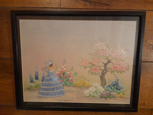 Vintage embroidery framed lady - framed,