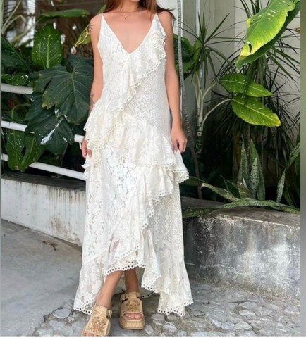 Lace ruffle neck maxi dress - v-neck,