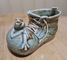 Vintage Frog On Boot Ceramic Planter Hand Glazed Pottery Ornament Retro Vase Pot