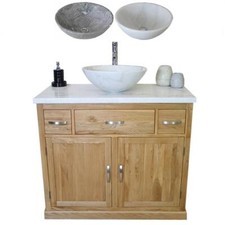 Bathroom Vanity Unit Oak Cabinet Wash Stand White Marble Top & Stone Basin 1161