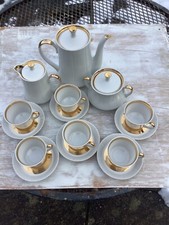Ternopil Ukraine Porcelain Coffee Set 15 pcs White Gold Art Deco Ribbed Quality