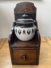 Antique Ceramic Art Nouveau Tobacco Pot in Black & White Fitted Pipe Stand Rare