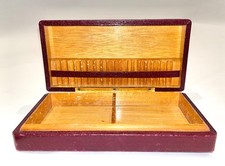 Vintage Antique Wooden Cigarette Box Burgundy Leather Cover 20.5cm X 10cm X 4cm
