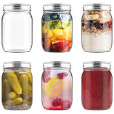 6 x HEFTMAN Glass Mason Jars & Lids 1 Litre 500ml 250ml Airtight Preserving Oats