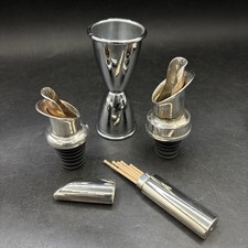 Cocktail Set Stainless Steel Bottle Spouts x 2 Jigger & Olive Picks in Case