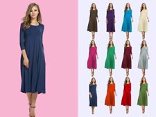 WOMENS LADIES PLAIN JERSEY SWING DRESS CASUAL LONG SLEEVE MIDI DRESSES SKATER
