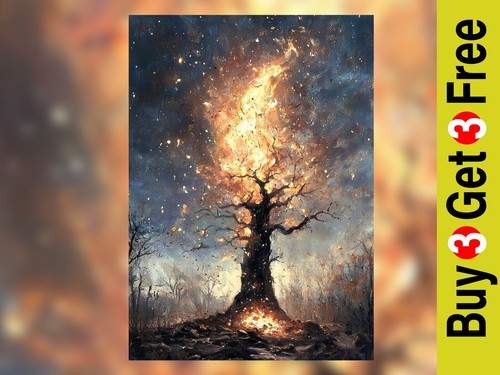 Burning tree night scene - tree, oil
