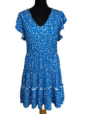 Blue Ruffle Sleeve V-Neck Tiered Smock Dress - Size 14 - Boohoo - Ladies
