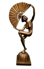VINTAGE 24cm BRONZE ART DECO LADY FAN DANCER FIGURINE