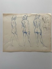 Antique Vintage original Female Nude Figure blue Pen Drawing Still Life Drawing