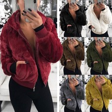 Womens Teddy Bear Fleece Fluffy Winter Coat Hooded Hoodies Jacket Zip Up Outwear