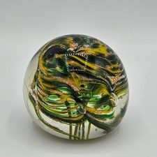 Vintage Hand-Blown Glass Paperweight – Green Bronze Gold Bloom Design 5 cm VGC
