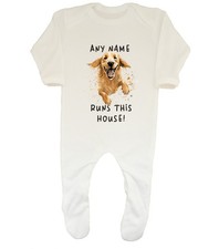 Personalised Golden Retriever Runs This House Dog Baby Grow Sleepsuit Gift